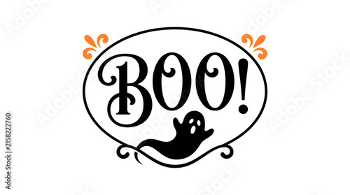 Hand-drawn Halloween ghost saying Boo with spooky orange decorations and black cat outline.