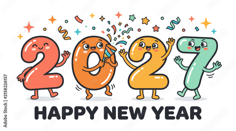 Fototapeta premium Cartoon 2027 Happy New Year celebration with cute animated numbers.