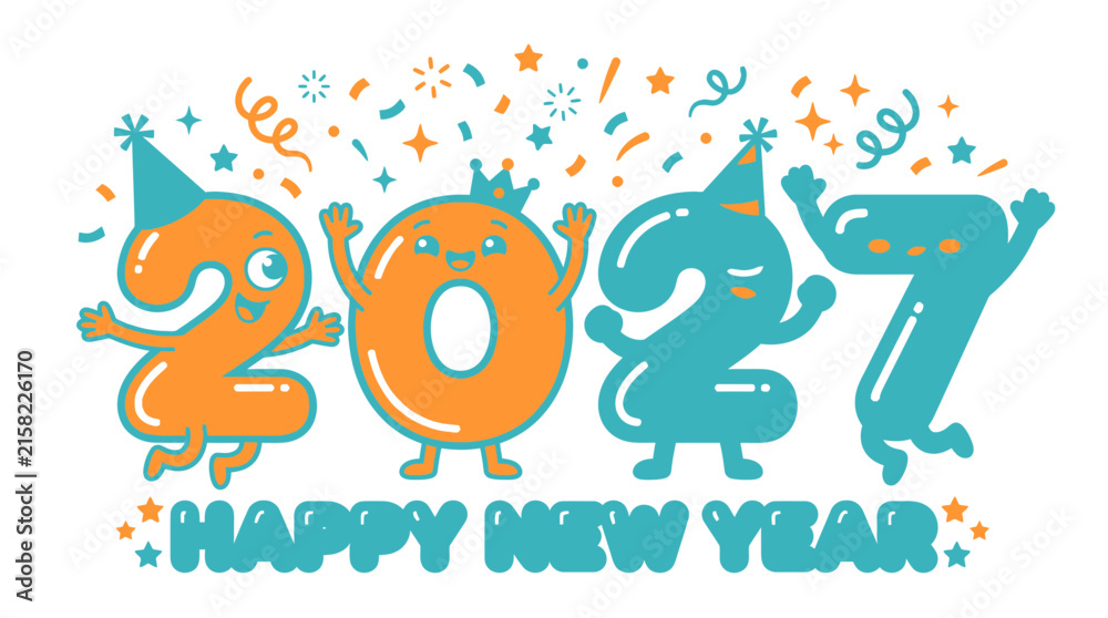 Fototapeta premium Cartoon 2027 Happy New Year Typography Illustration.
