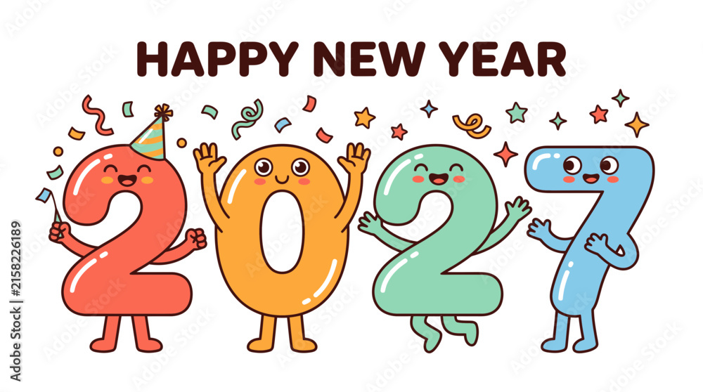 Fototapeta premium Cartoon character numbers for Happy New Year 2027 celebration.