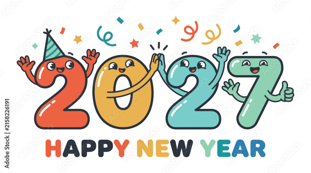Fototapeta premium Cartoon character numbers for Happy New Year 2027 greeting.
