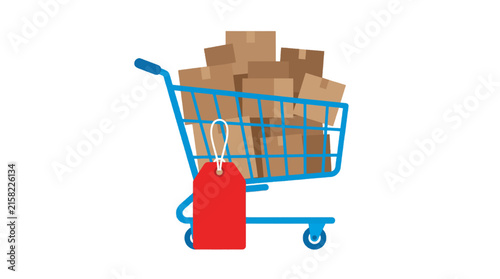 Blue Shopping Cart Filled With Cardboard Boxes and a Red Price Tag on transparent background