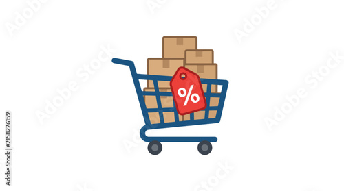 Shopping cart filled with boxes and a red tag with a percentage symbol indicating a sale or discount on transparent background