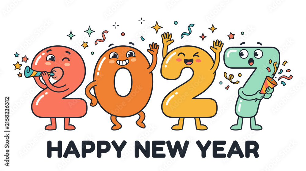 Fototapeta premium Cute cartoon characters representing the year 2027 celebrating happy new year 13.