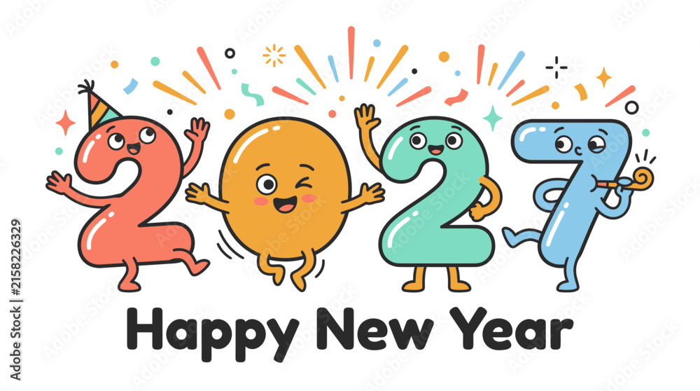 Fototapeta premium Cute cartoon characters representing the year 2027 celebrating happy new year 23.
