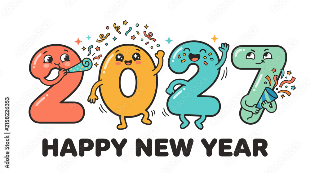 Fototapeta premium Cute cartoon characters representing the year 2027 for a Happy New Year celebration 1.