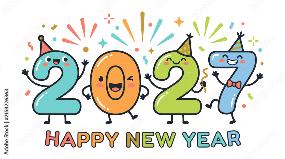 Fototapeta premium Cute cartoon characters representing the year 2027 for a happy new year celebration.