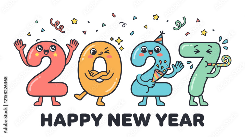 Fototapeta premium Cute cartoon characters representing the year 2027 for Happy New Year celebration.