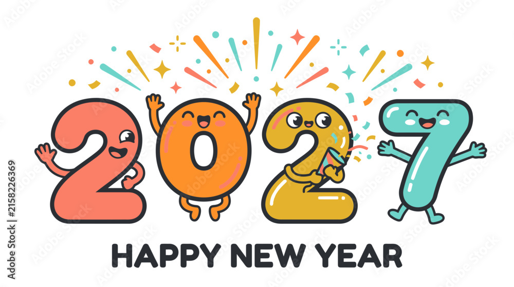 Fototapeta premium Cute Cartoon Characters Representing The Year 2027 For New Year Celebration.