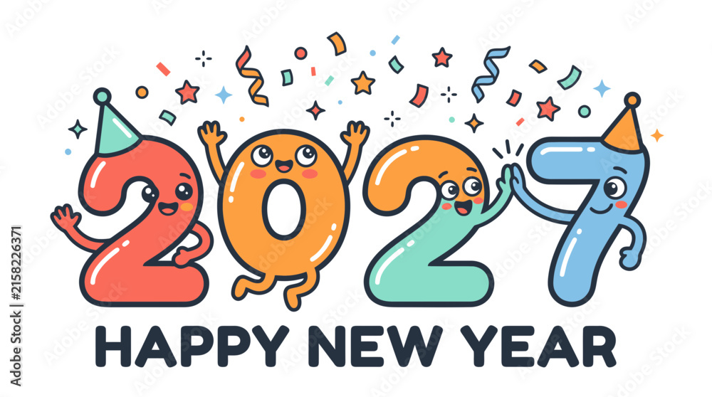 Fototapeta premium Cute cartoon characters representing the year 2027 with confetti.