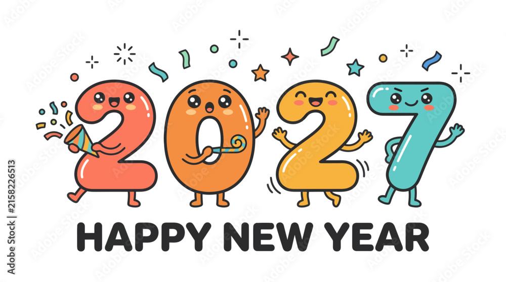 Fototapeta premium Cute Kawaii Cartoon Numbers 2027 Celebrating Happy New Year.