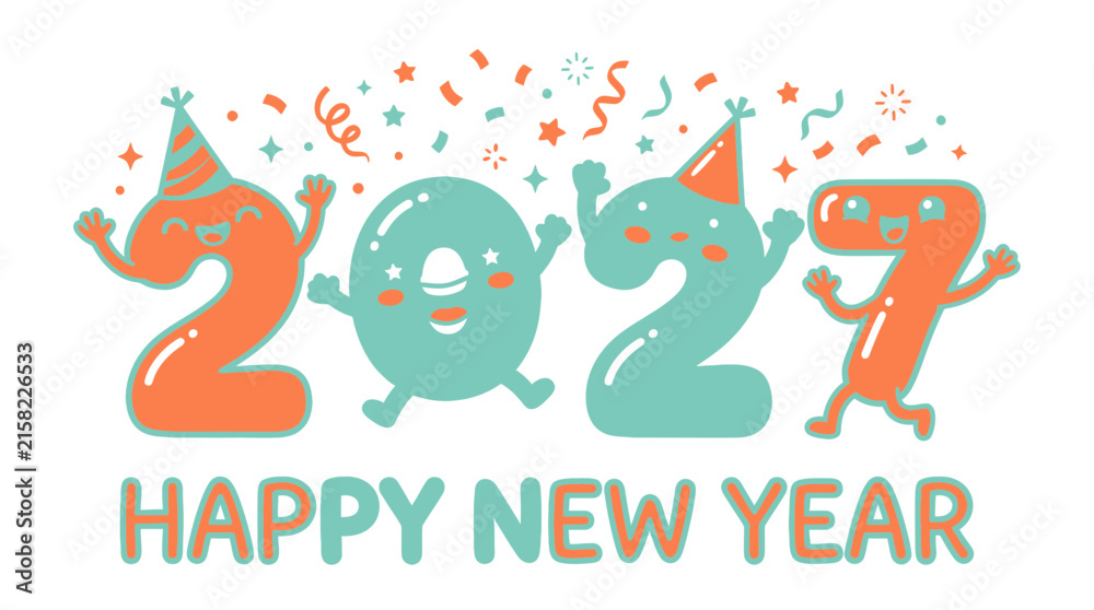 Fototapeta premium Happy New Year 2027 Celebration Greeting with Cute Cartoon Numbers.