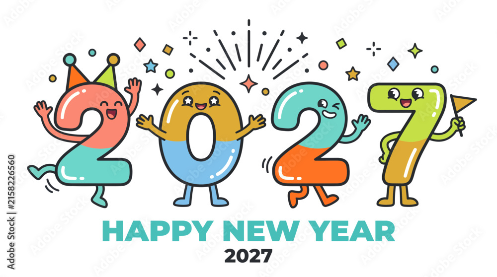 Fototapeta premium Happy New Year 2027 Celebration with Cute Anthropomorphic Cartoon Numbers.