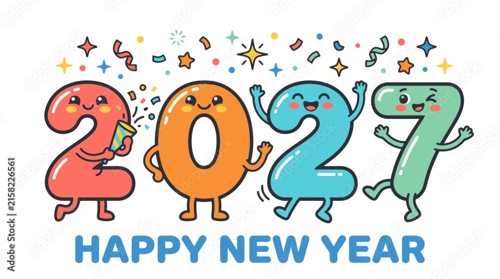 Fototapeta premium Happy New Year 2027 Celebration with Cute Colorful Character Numbers.
