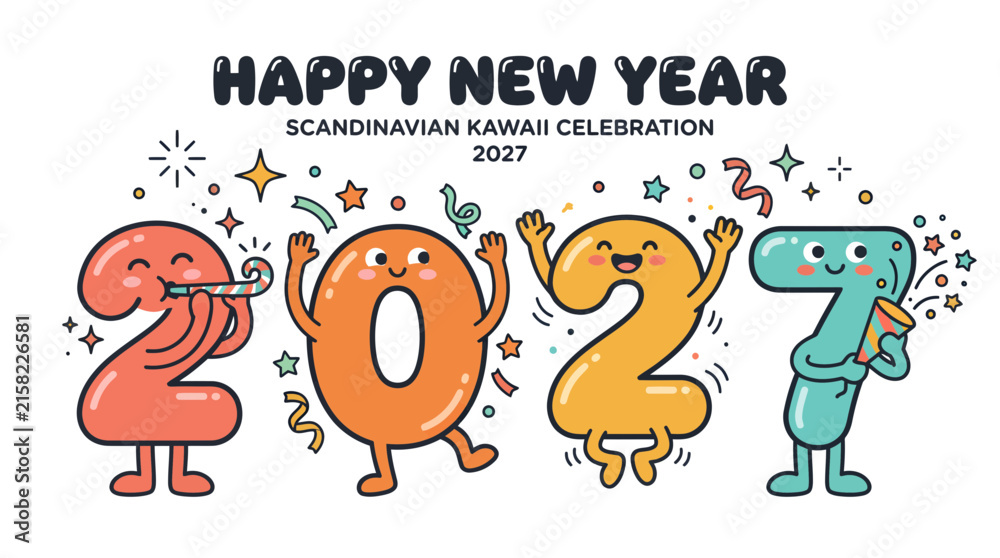 Naklejka premium Happy New Year 2027 Scandinavian Kawaii Style Number Characters Celebration.