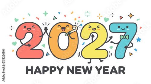 Cute Happy New Year 2027 Celebration Character Illustration.