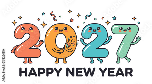 Cute Kawaii Cartoon 2027 Numbers Celebrating Happy New Year.