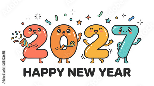 Cute Kawaii Cartoon Numbers 2027 Celebrating Happy New Year.