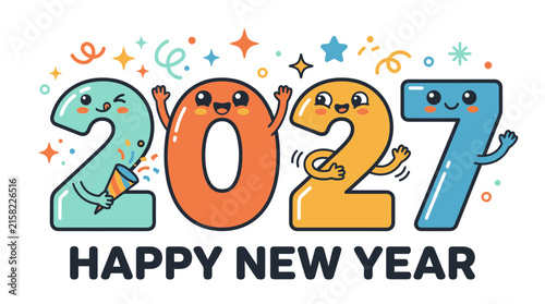 Cute Kawaii Style 2027 New Year Celebration Characters.
