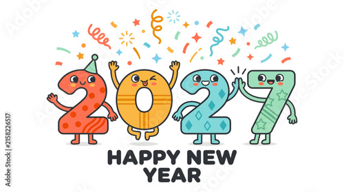 Happy New Year 2027 Cartoon Character Numbers Celebration 3.