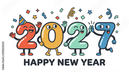 Happy New Year 2027 Cartoon Character Numbers Celebration.
