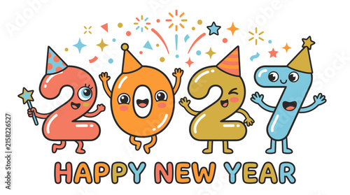 Happy New Year 2027 Cartoon Character Numbers Celebration 1.