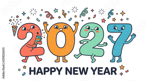 Happy New Year 2027 Cartoon Character Numbers.