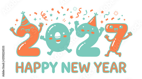 Happy New Year 2027 Celebration Greeting with Cute Cartoon Numbers.