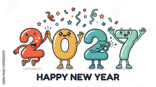 Happy New Year 2027 Celebration with Cute Anthropomorphic Number Characters 1.