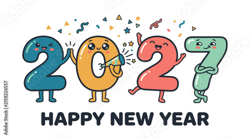 Happy New Year 2027 cute cartoon numbers illustration 1.