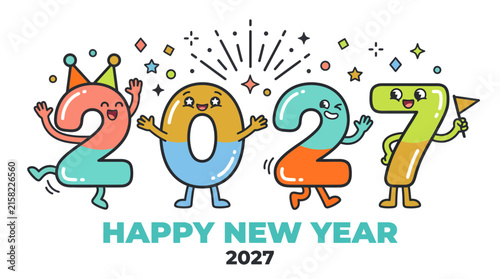 Happy New Year 2027 Celebration with Cute Anthropomorphic Cartoon Numbers.