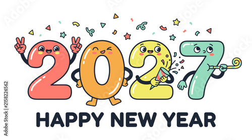 Happy New Year 2027 cute cartoon numbers illustration.