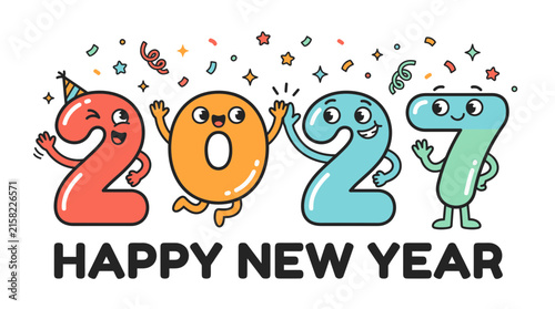 Happy New Year 2027 greeting card with cute cartoon numbers characters.