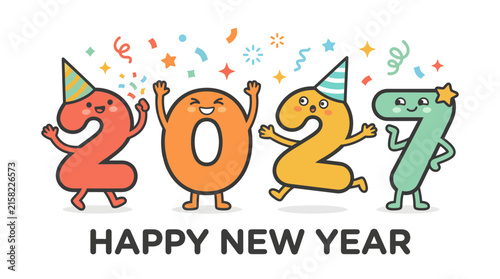 Happy New Year 2027 greeting card with cute anthropomorphic number characters.