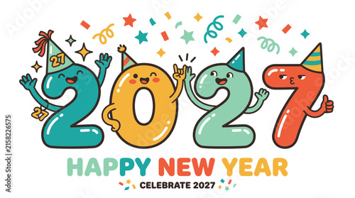 Happy New Year 2027 greeting card with cute colorful cartoon numbers 2.