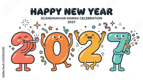 Happy New Year 2027 Scandinavian Kawaii Style Number Characters Celebration.