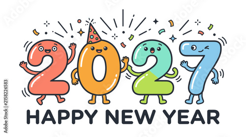Happy New Year 2027 illustration with cute dancing cartoon numbers.