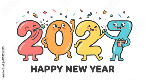 Happy New Year 2027 greeting card with cute colorful cartoon numbers 4.