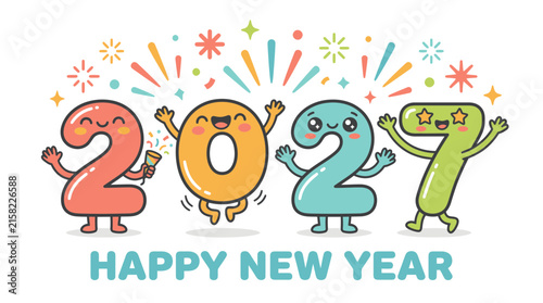 Happy New Year 2027 greeting card with cute kawaii numbers characters.