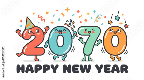 Happy New Year 2070 Cute Cartoon Numbers Illustration.