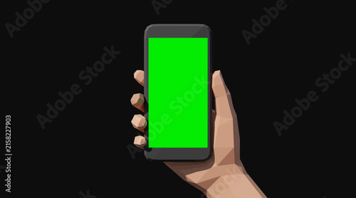 Low Poly Hand Holding a Smartphone with Green Screen Against Black Background