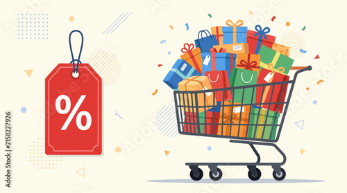 Shopping cart overflowing with gift boxes and bags next to a red percentage discount tag