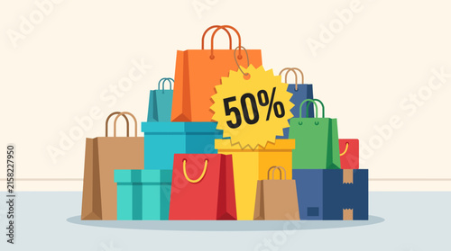 Pile of Colorful Shopping Bags and Boxes with a 50 Percent Off Sale Tag