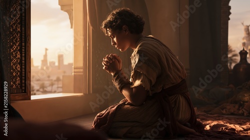 Daniel kneeling in prayer beside an open window facing Jerusalem during the Babylonian exile.