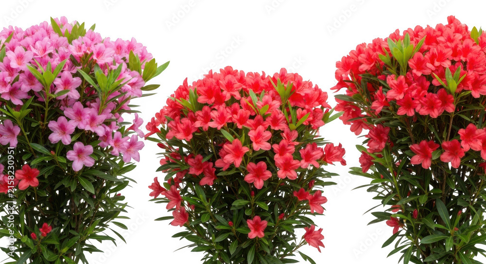 Fototapeta premium Three blooming azalea bushes isolated on white background