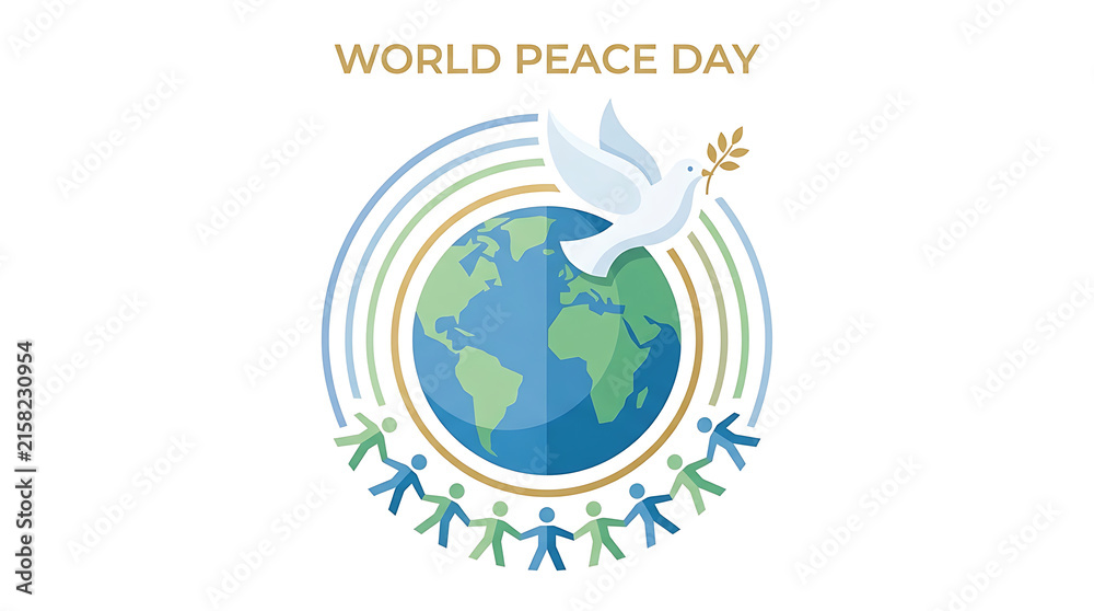 Fototapeta premium World Peace Day Illustration with Earth, Dove, Rainbow and Unity Figures