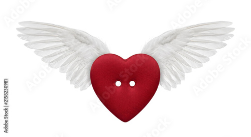 Foto Red heart with white angel wings and two button holes, symbol of love