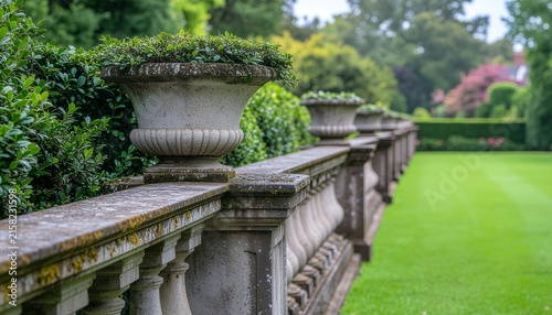 Classical stone balustrade with lush green garden backdrop.