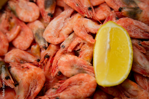 A macro shot of a surface densely dotted with frozen pink shrimps with pronounced frost, with a slice of lemon on the side. Concept: detailing the structure of the freeze, the texture of the shell and
