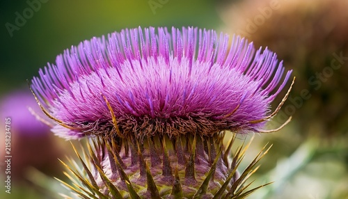 a close up photo of a purple thistle flower with spiky brown bracts